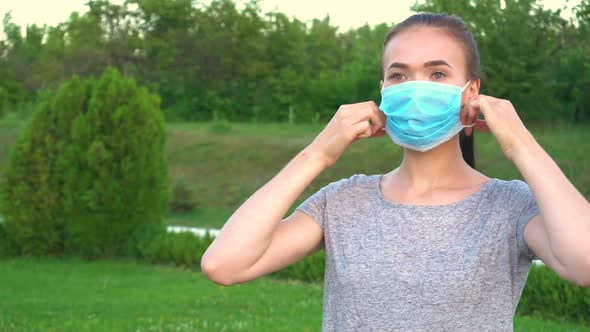 Woman Takes Off Medical Mask. Female Breathes Deeply Standing Outdoors.