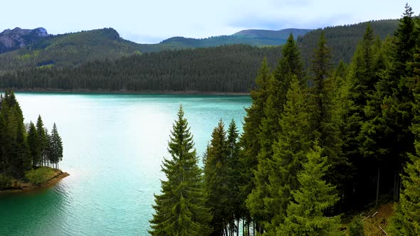 Aerial View on the lake between mountain forest. Over crystal clear mountain lake water. Fresh water alt