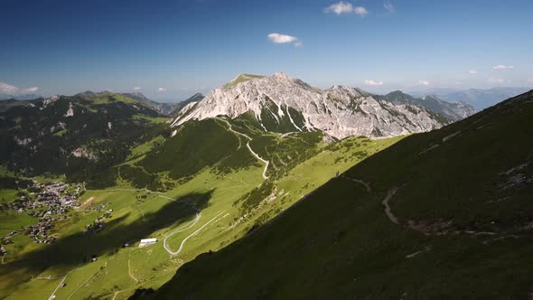 Panorama wide angle view of Malbun Valley in the Principality of Liechtenstein. Alpstein range in th alt