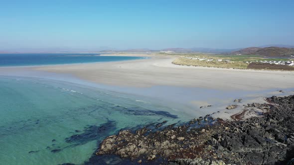 Aerial View of the Awarded Narin Beach By Portnoo and Inishkeel Island in County Donegal Ireland alt