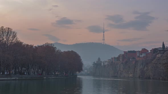Beautiful timelapse shooting of Old Tbilisi. Shot from Kura river to Tbilisi tv tower. alt