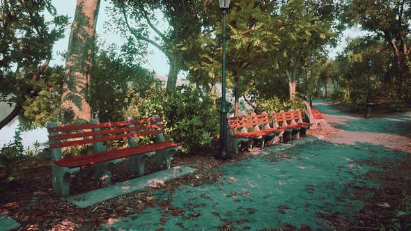 Empty Benches in the Park During the Quarantine Due to the Pandemic COVID19 alt