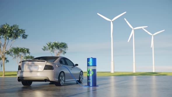 3D electric car charging at the park with windmill animation in background.