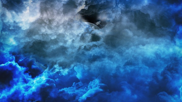 Flying Through Abstract Blue Night Clouds to Big Moon