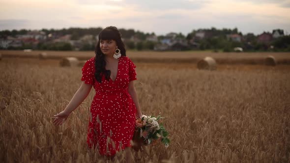 Beautiful Stylish Woman with Dark Hair in a Red Dress in a Field with Hay