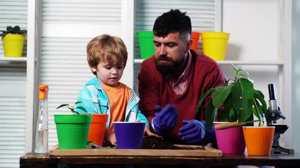 Daddy Teaching Little Boy To Do Gardening alt