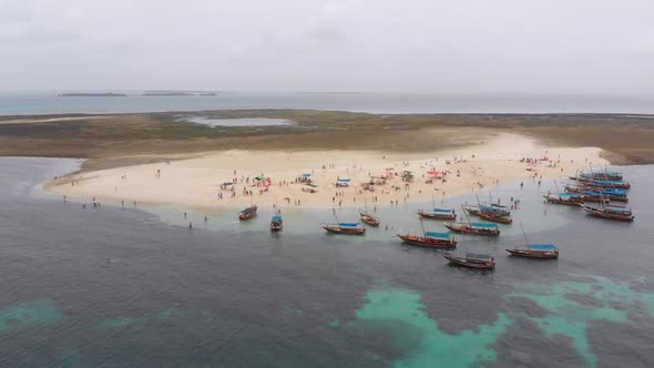 Aerial View Disappearing Island with Tourists and Boats in Menai Bay Zanzibar alt