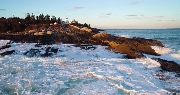 Slow zoom in aerial view of Curtis island lighthouse Camden Maine USA alt