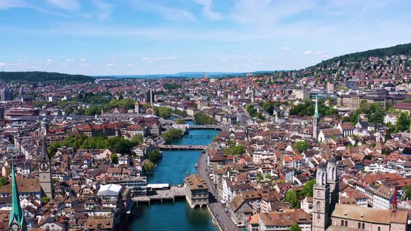 4k drone Aerial view of Zurich  city waterfront in Switzerland