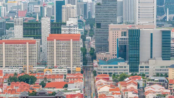 Aerial View of Chinatown and Downotwn of Singapore in the Evening Timelapse alt