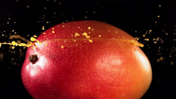 Mango Slice Falling and Splashing on Black Background alt