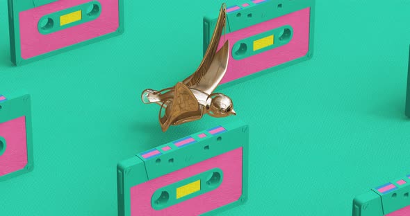 Creative Minimal 3d art. Animated stylish bird flies in cassette space.