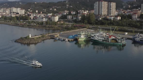 Trabzon City Sea And Boat Aerial View
