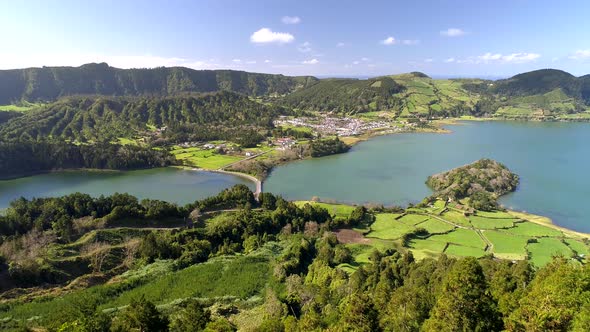 Aerial Shot of Lagoa Das Sete Cidades - Lakes and Town on Sao Miguel Island, Portuguese Archipelago alt
