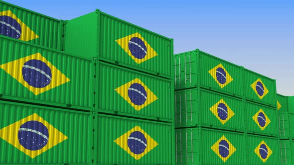Container Terminal Full of Containers with Flag of Brazil, Motion Graphics