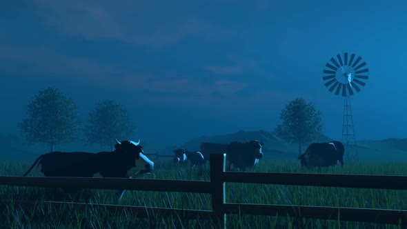 Flying saucer landing on the grassy meadow full of cows. Animal abduction. 4K alt