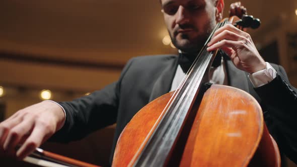 Violoncellist is Playing Classic Music on Cello in Modern Music Hall Concert or Rehearsal alt
