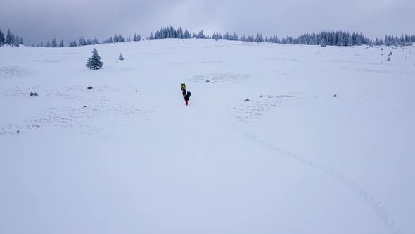 Aerial View a Group of Tourists Up the Snow Slope alt