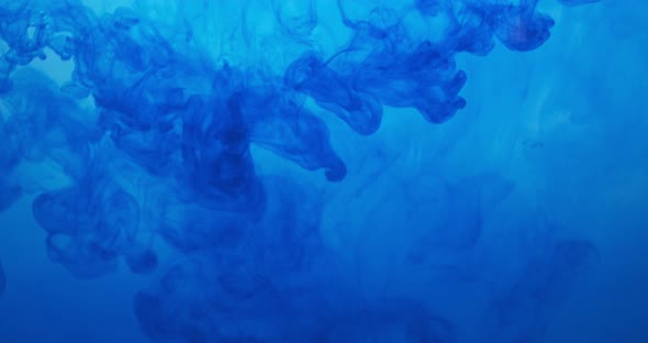 Blue Color Paint Ink Drops in Water at White Background. Inky Cloud Flowing Underwater. Abstract alt