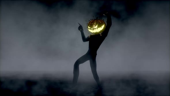 Scary Monster with a Pumpkin Head Dancing in the