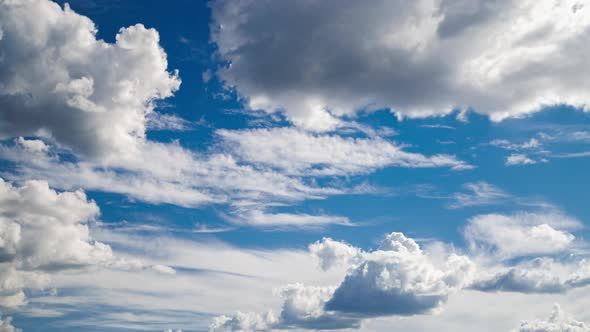 Mixed White Clouds on Blue Sky Background Cloudscape Time Lapse Above Horizon Direction
