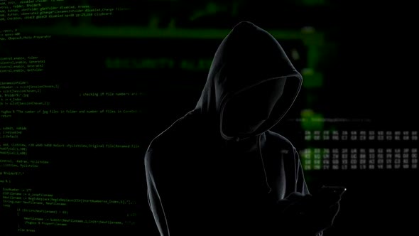 Faceless Unrecognizable Hooded Hacker Using Smartphone to Steal Data Cybercrime alt