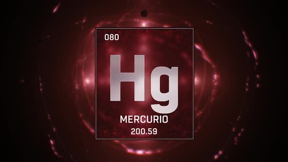 Mercury as Element 80 of the Periodic Table on Red Background in Spanish Language