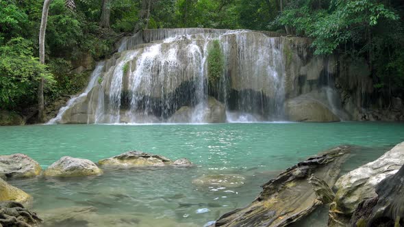 Erawan waterfall level two in National Park, famous tourist destination in Kanchanaburi, Thailand.