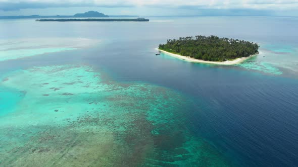 Aerial: flying over tropical island white beach caribbean sea turquoise water co alt