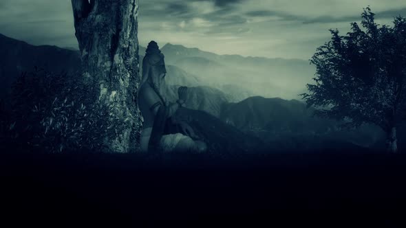 Holy Hindu Sadhu Meditating Under a Tree alt
