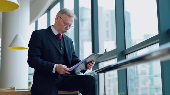 Portrait of mature man in cafe. Mature businessman sitting at coffee shop with documents alt