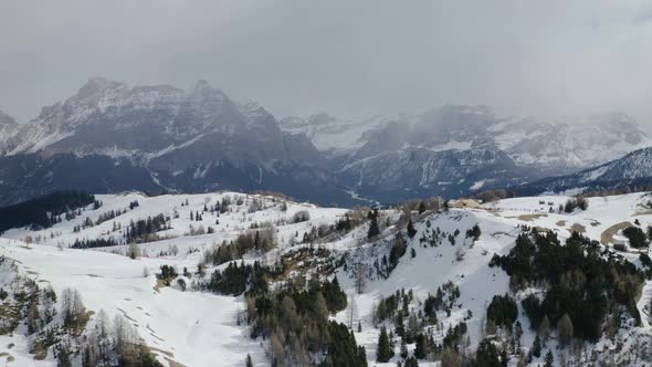 Aerial, Snowy Dolomites Mountains, Chair Lift And Beautiful Winter Landscape