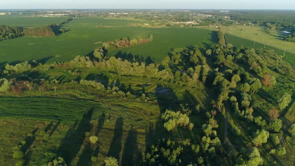 Aerial View Dried Pond in Summer on Sunny Day Around Forest and Cornfield alt
