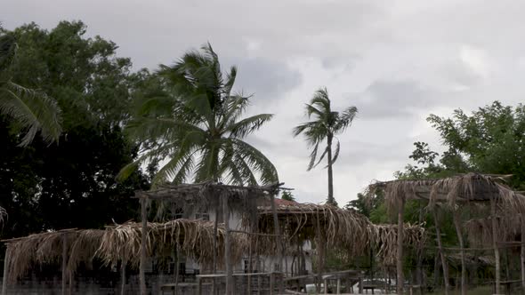 Abandoned beach hut on the beach with wind and gray sky , horror stressful mood