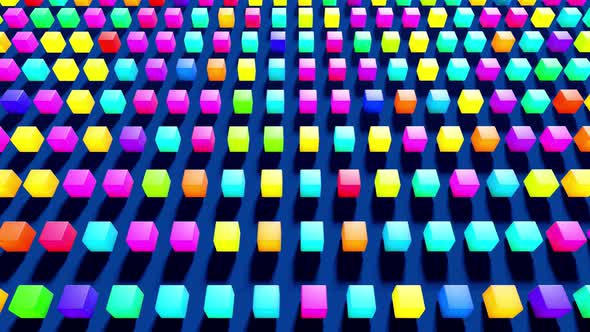 Abstract Loop Background with Cubes Lined Up in Rows on a Plane with Neon Lighting of Cubes alt