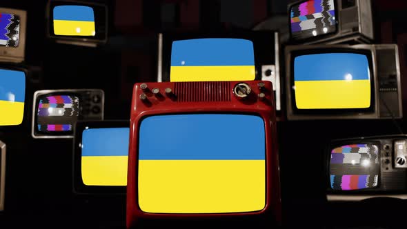 Flag of Ukraine on Retro TVs. 4K Resolution.