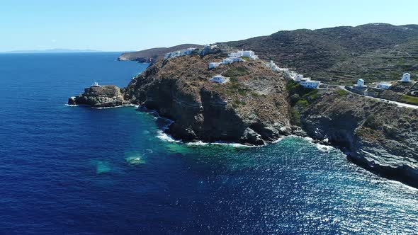 Kastro Sifnou beach on Sifnos island in cyclades in Greece from the sky alt