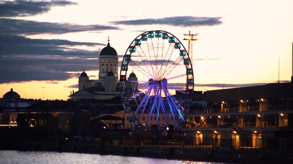 View of skywheel and cathedral