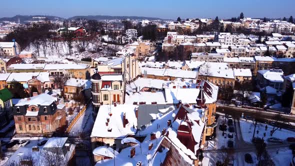 Aerial view of a drone flying over the building alt