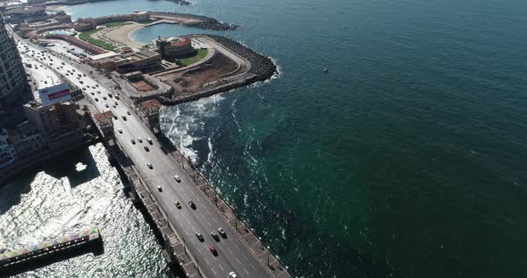 Aerial Drone Shot over Egypt Alexandria streets Stanly Bridge