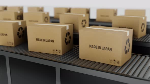 Boxes with MADE IN Japan Text on Conveyor