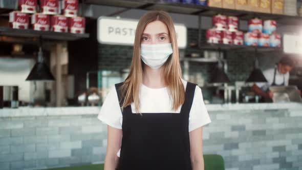 Coffee Shop Restaurant Woman Owner Working With Face Mask Open After Lockdown Coronavirus Quarantine alt