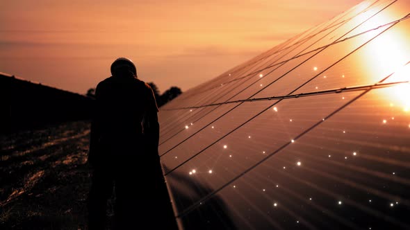 Unidentified Solar Power Engineer Touches Solar Panels with His Hand at Sunset alt