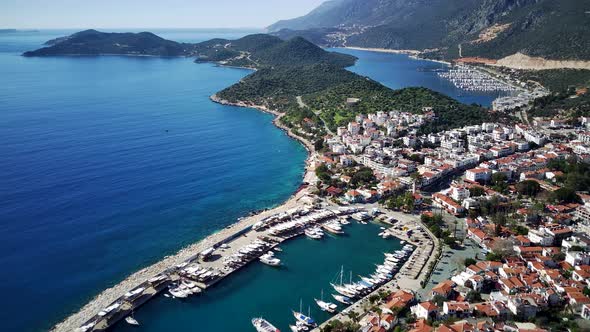 The top view from the drone of Kas resorts, bay, yahts, city in Mugla in Turkey alt