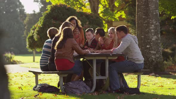 Group of college students on campus meeting outdoors