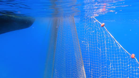 Fishing Net Hanging From Boat Under Sea in Underwater