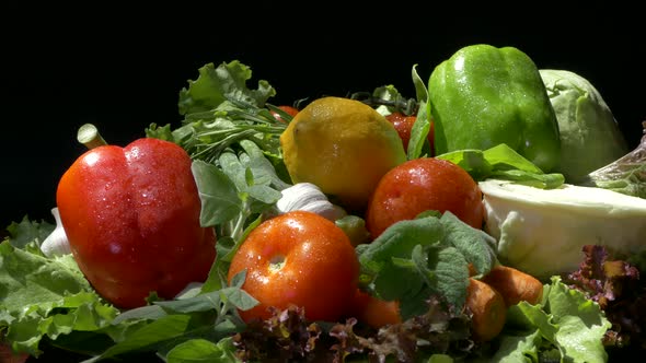 Vegetables on a Tray Close-up. Vegetables on the Kitchen Counter. Tomato Cucumber Zucchini Onion