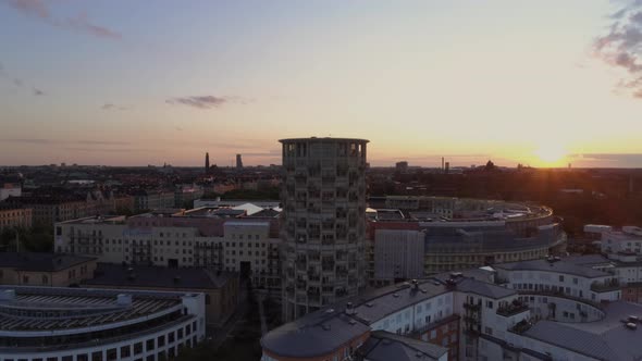 Aerial View of Buildings in Stockholm at Sunset