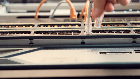 Plug Connector Cabling Systems. UTP Ethernet Cable. Lan RJ45 Twisted Pair Cat 5e In Rack Cabinet. alt