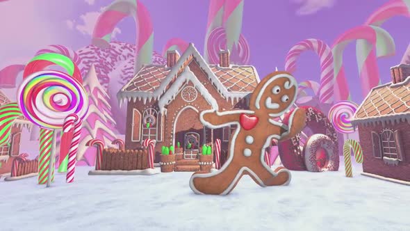 8K Gingerbread man dancing in a candy village